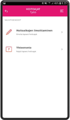 Ohjekuva hoitoaikojen ilmoittamisen valikosta