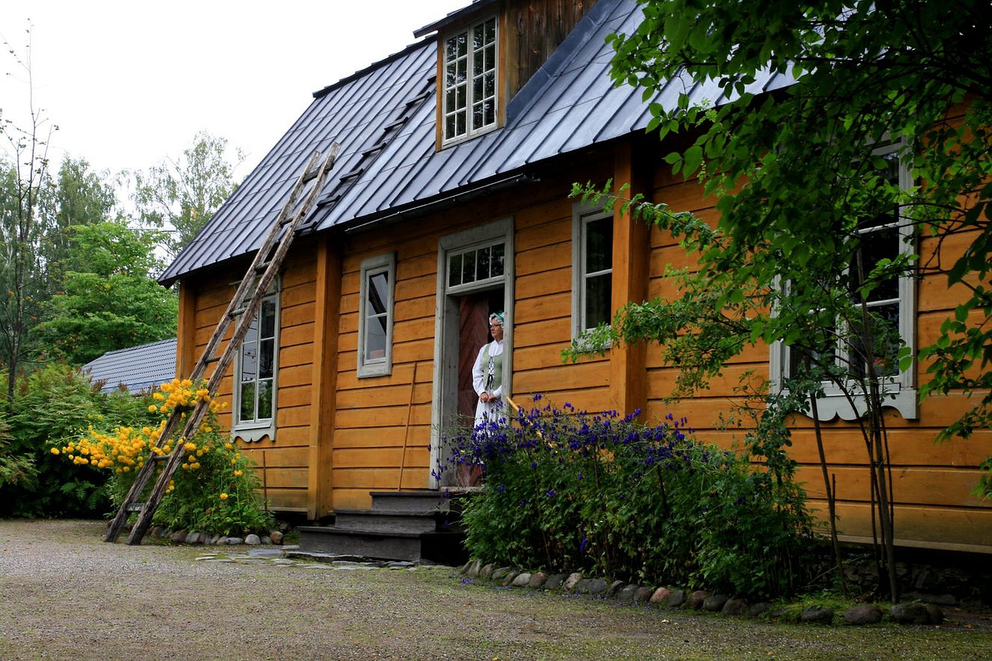 Keltainen vanha talo, kultapallot ja ukonhatut kukkivat, nainen vanhanaikaisessa asussa ovella.