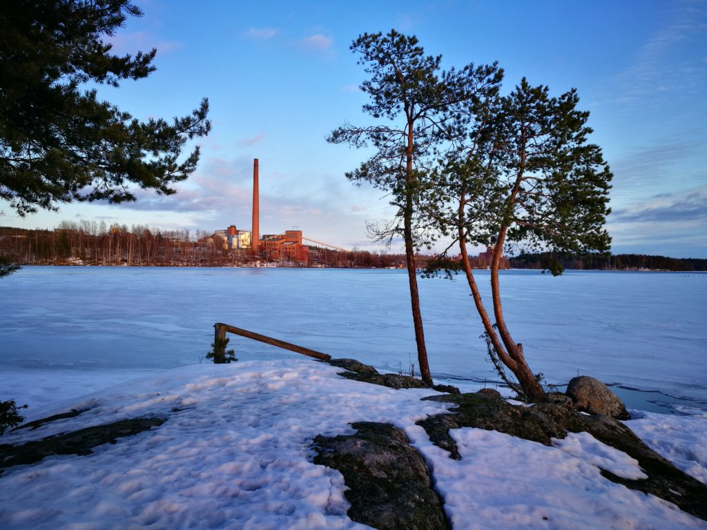 Talvimaisema, jossa näkyy kuitulevytehtaan piippu ja etualalla mänty.