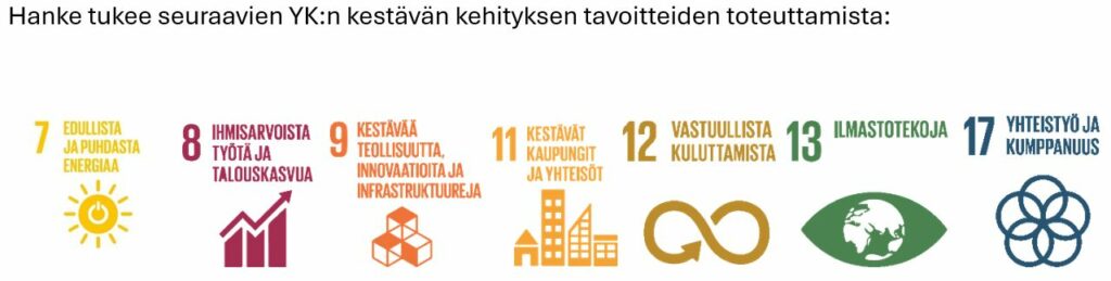 Hanke tukee seuraavien YK:n kestävän kehityksen tavoitteiden toteutumista: edullista ja puhdasta energiaa, ihmisarvoista työtä ja talouskasvua, kestävää teollisuutta, innovaatioita ja infrastruktuureja, kestävät kaupungit ja yhteisöt, vastuullista kuluttamista, ilmastotekoja, yhteistyö ja kumppanuus